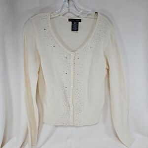 Apostrophe Ivory Embellished Seed Beads Festive Buttoned Cardigan, Womens Medium